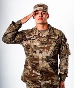 Chance Trentman-Rosas saluting in a military uniform