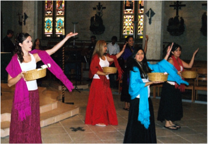 UIW students sharing a dance of hospitality at San Fernando Cathedral in the “Gifts from Many Cultures” Workshop.