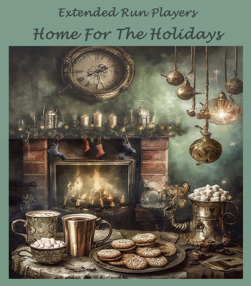 image of fireplace with fire and tray of cookies. text reads extended run players home for the holidays