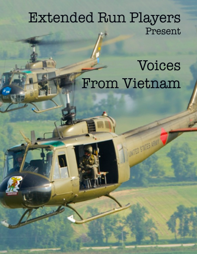 image of helicopters flying over green hills. text reads extended run players presents voices from Vietnam