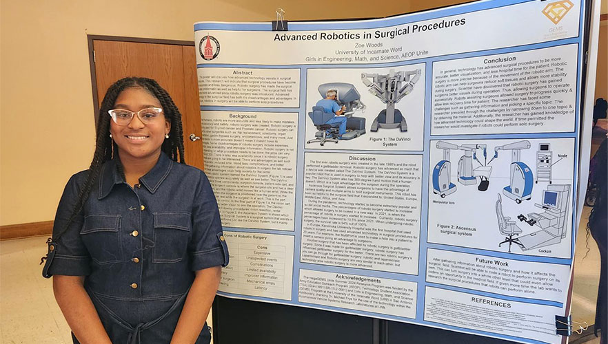 GEMS 2024 participant next to research poster