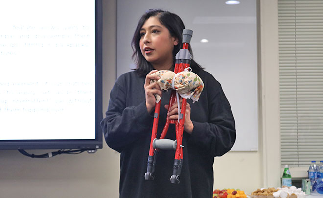 Student with foldable crutches