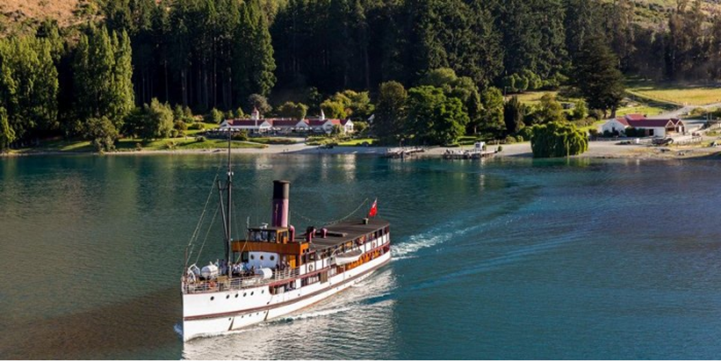 a steamboat on the lake near the shore